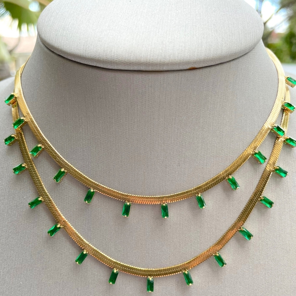 Emerald Cleopatra Baguette Herringbone Zircon Necklace